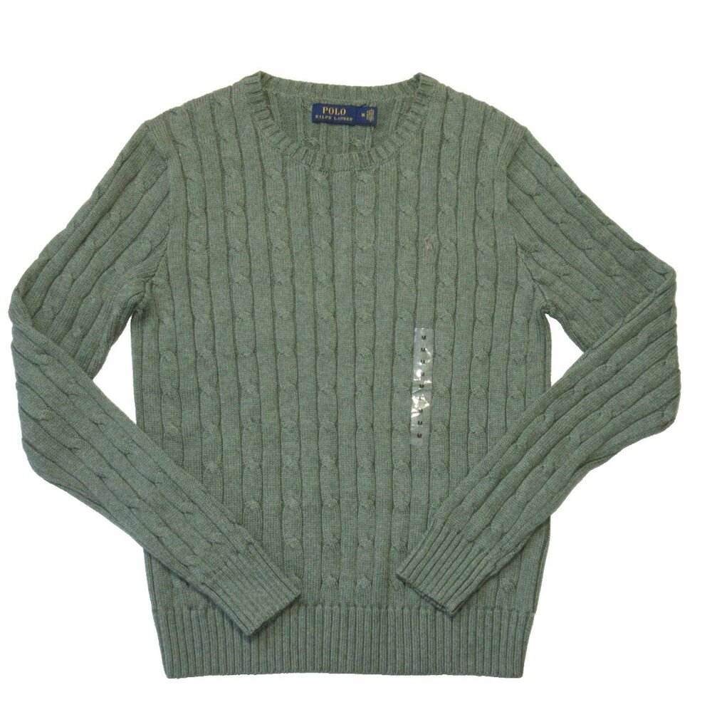 NWT Polo Ralph Lauren Cable-Knit Cotton Crewneck in Grey Green Heather Sweater M - Picture 3 of 6